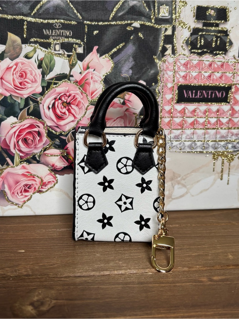 White Mini Tote with Black Motif and Multicolor Scarf Accent Keychain. - Picture 2 of 3